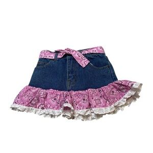 Kiddie Korral Blue Denim Pink Bandana Print Ruffle Jean Skirt Girls Size 6
